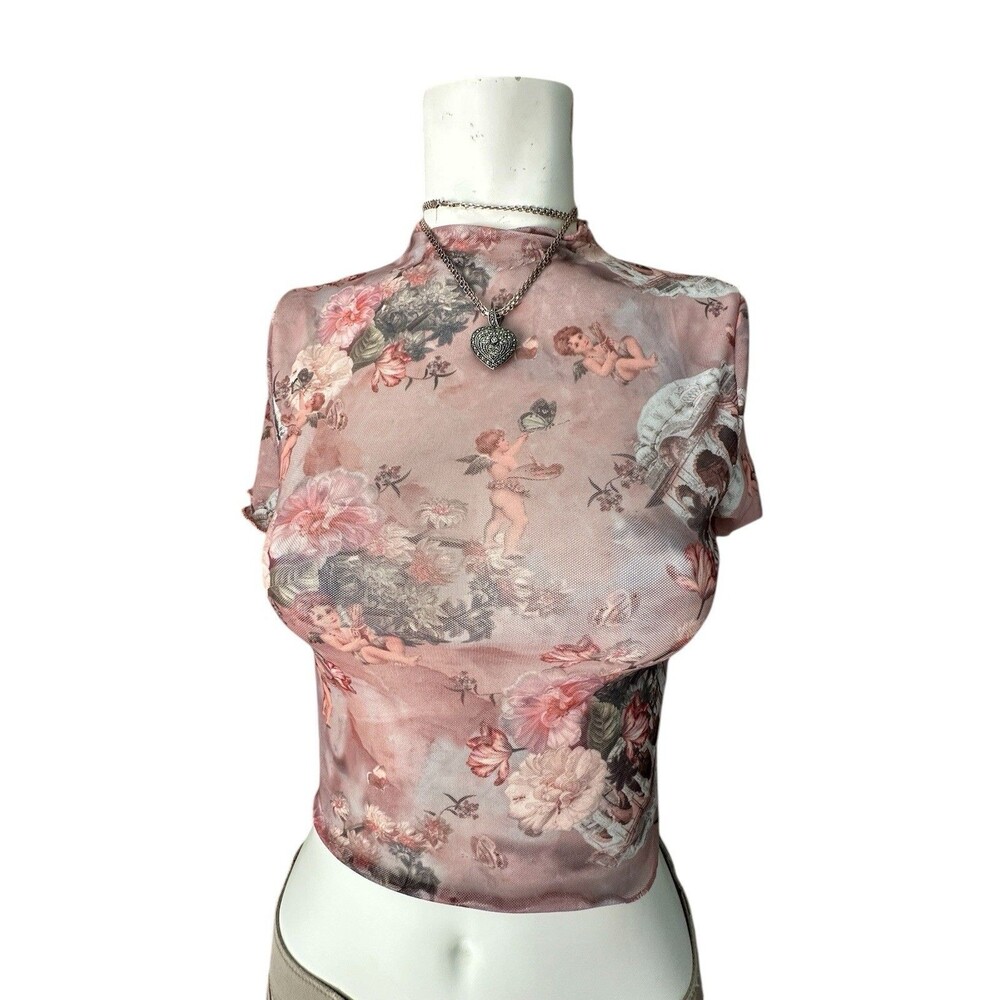 Y2K Floral Mesh Babydoll Cami Top Cropped Coquette Indie Fairy Grunge XS